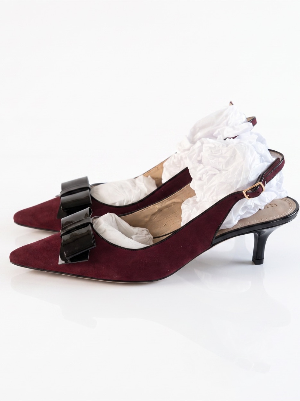 Ellen Tracy “Sara” Burgundy Pointed Slingback Kitten Heels with Black Patent Bow